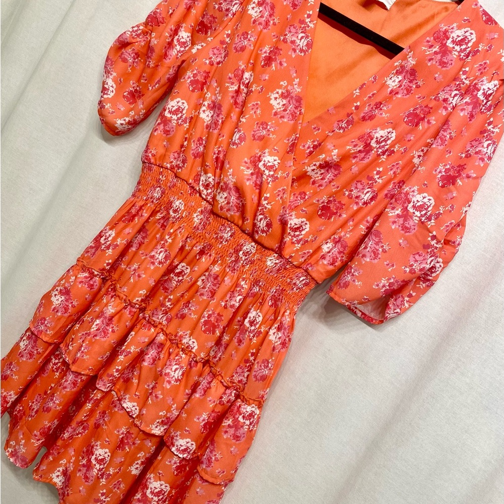Peach Love California Coral Puff Sleeve Wrap Midi Dress